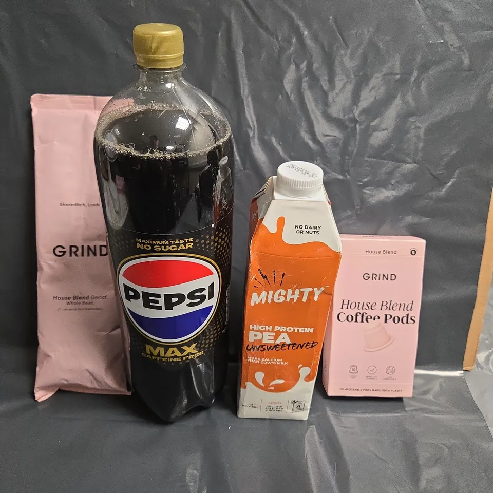 APPROXIMATELY 10 ASSORTED FOOD ITEMS TO INCLUDE PEPSI MAX COFFEE , MIGHTY HIGH PROTEIN PEA , GRIND COFFEE PODS , ETC 