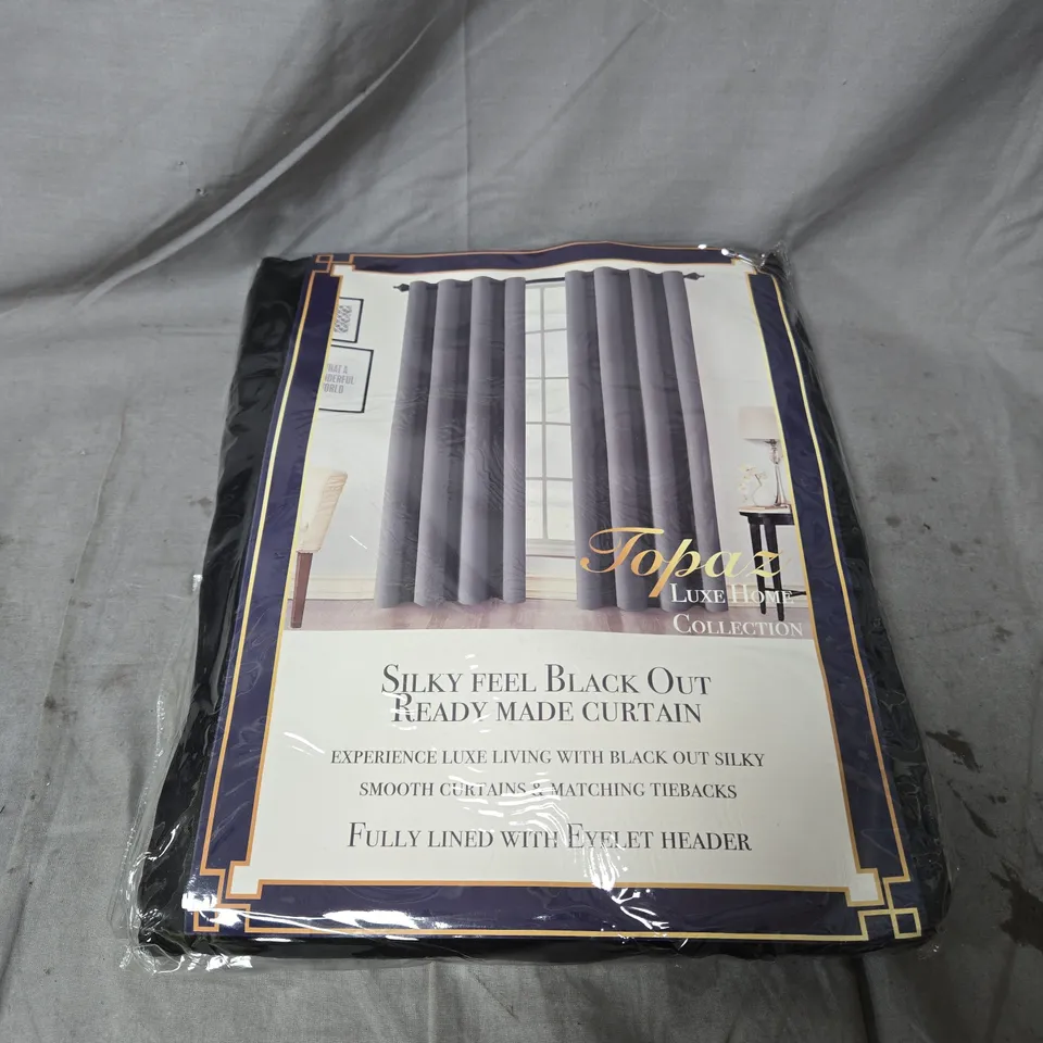 TOPAZ LUXE HOME COLLECTION EYELET CURTAINS IN BLACK – SILKY FEEL BLACK OUT, 66IN X 54IN (168CM X 137CM) – ONE PAIR