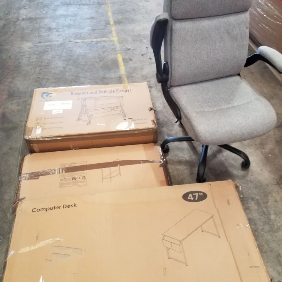 PALLET CONTAINING ASSORTED PRODUCTS INCLUDING BASSINET AND BEDSIDE SLEEPER, METAL SIDE TABLE, COMPUTER DESK & OFFICE CHAIR 