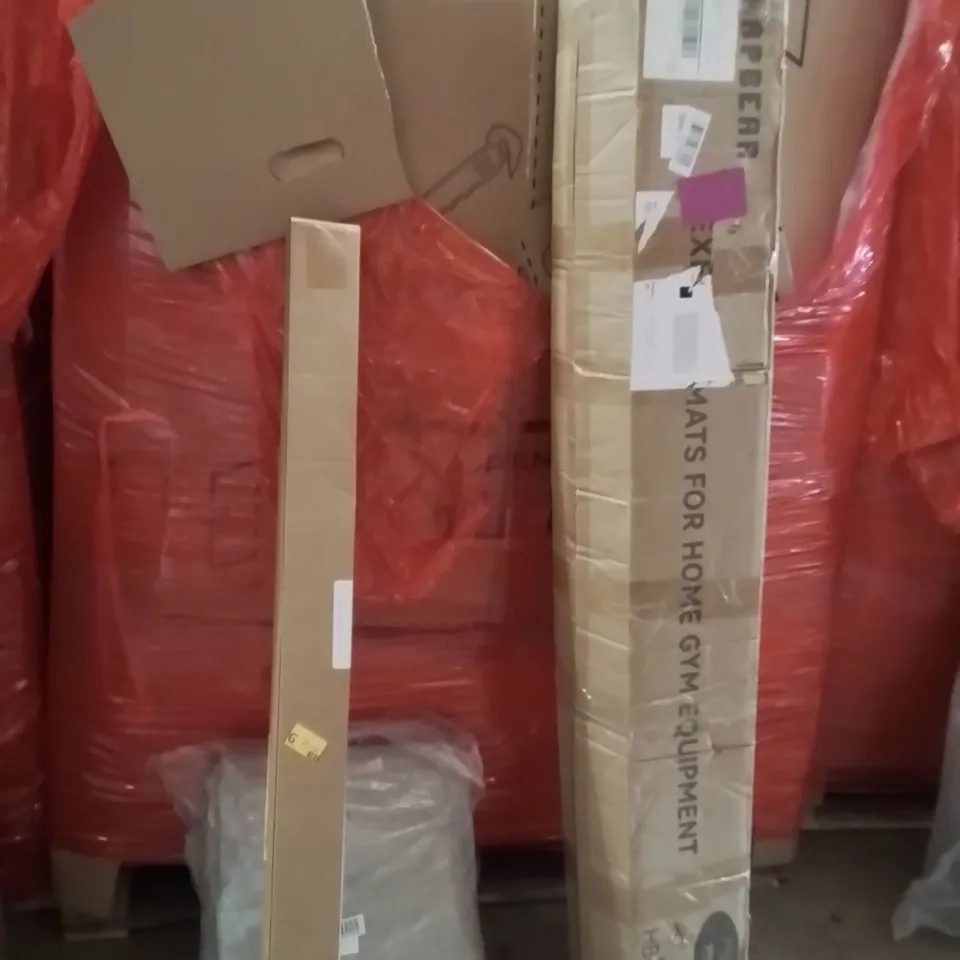 PALLET OF ASSORTED HOUSEHOLD GOODS AND PRODUCTS TO INCLUDE;AREA RUG,BATTEN LIGHT,GYM MATS