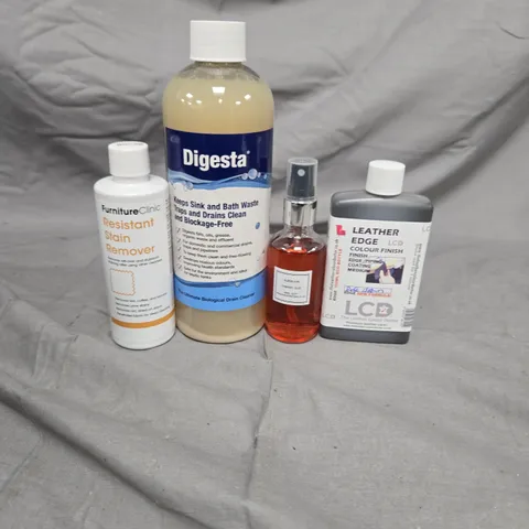 APPROXIMATELY 15 ASSORTED HOUSEHOLD LIQUIDS TO INCLUDE DIGESTA CLEANER, RESISTANT STAIN REMOVER AND LEATHER EDGE COLOUR FINISH