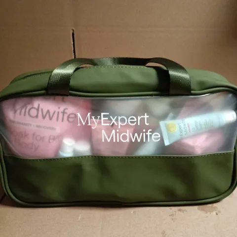 MyExpert Midwife green carry bag with skincare products