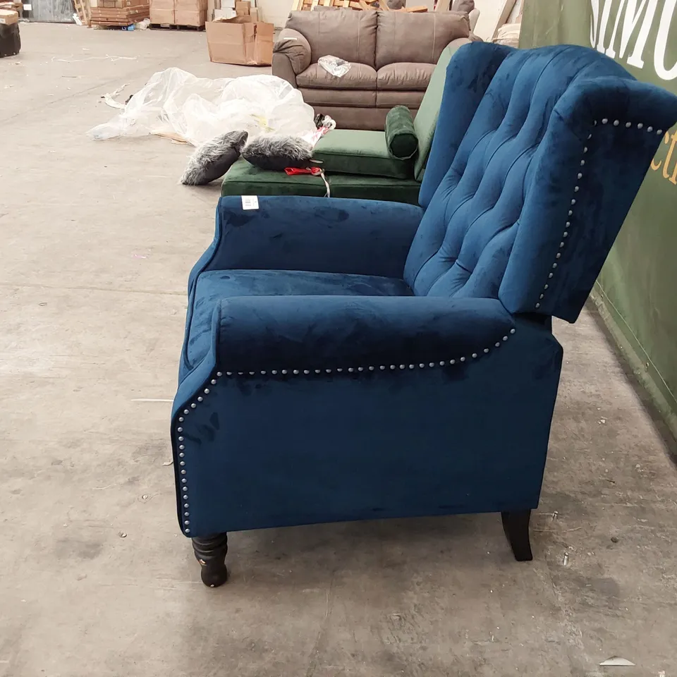 QUALITY DESIGNER PUSH BACK RECLINING EASY CHAIR BUTTON BACK BLUE PLUSH FABRIC 