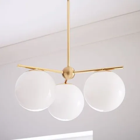 BRAND NEW BOXED SPHERE & STEM 3-LIGHT CHANDELIER - MILK/ANTIQUE BRASS