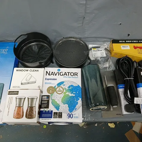 BOX OF APPROXIMATELY 15 ASSORTED ITEMS TO INCLUDE - NAVIGATOR PAPER, TOILET RACK. AND EXTENSION LEEDS ETC. 