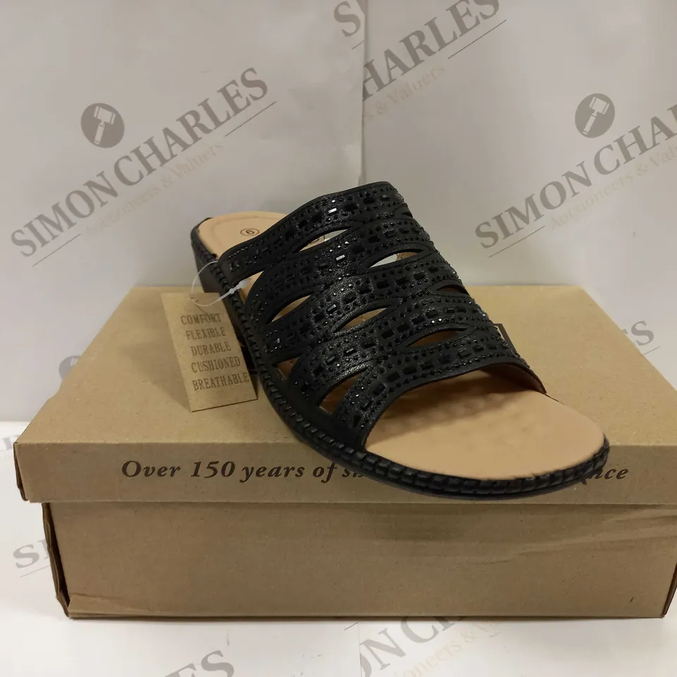 BOXED PAIR OF CUSHION WALK DIAMANTE MULES IN BLACK - SIZE 6