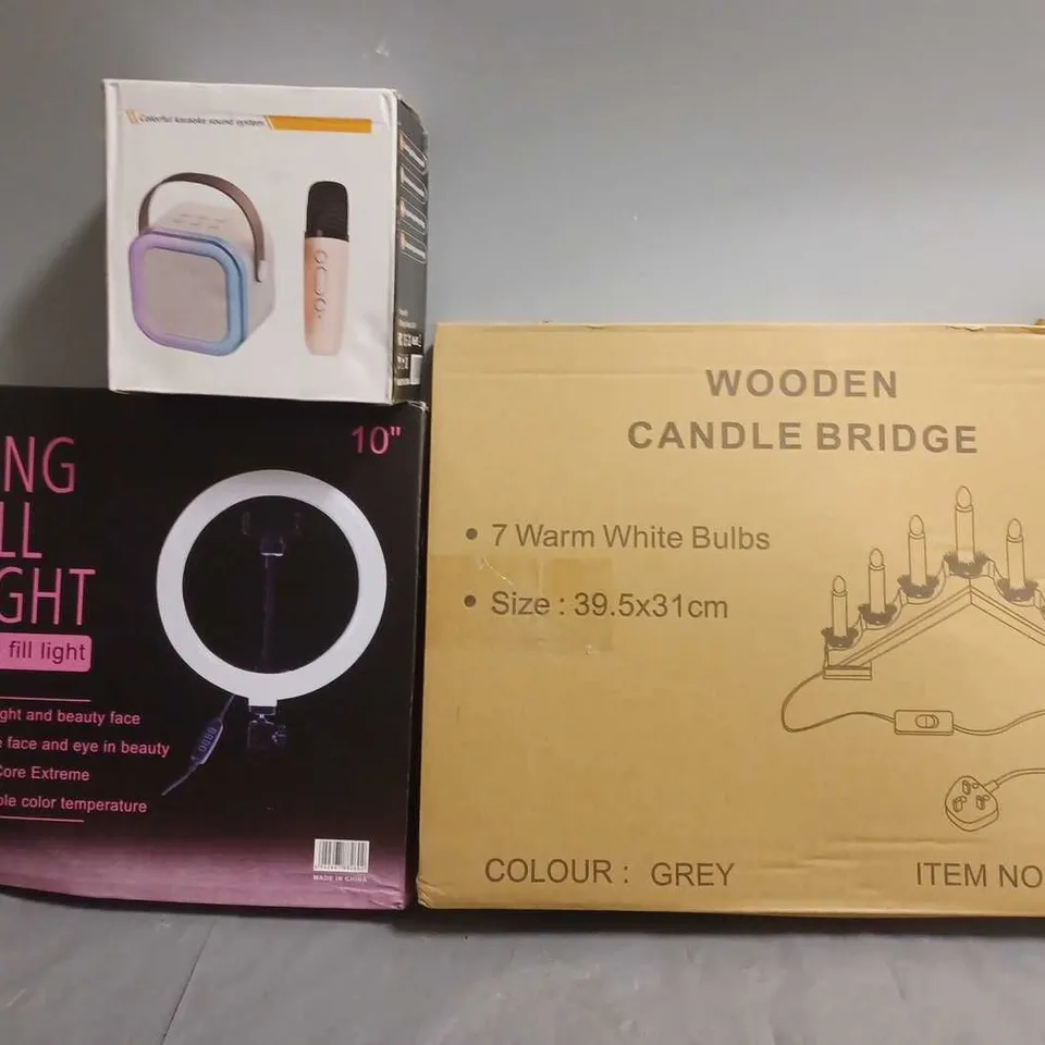 BOX OF APPROXIMATELY 15 ASSORTED ITEMS TO INCLUDE -  WOODEN CANDLE BRIDGE , RING FILL LIGHT , KAROKE SYSTEM ETC