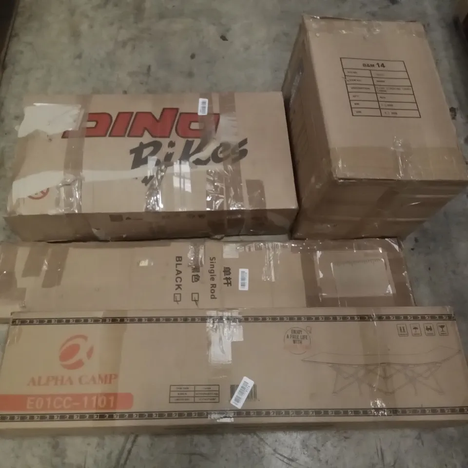 PALLET OF ASSORTED ITEMS INCLUDING ALPHA CAMP CAMPING COT, SINGLE ROD, CLEAR STACKING CADDY, KIDS DINO BIKE, STELLAR SAUCEPAN SET, MULTIFUNCTIONAL STEAM MOP