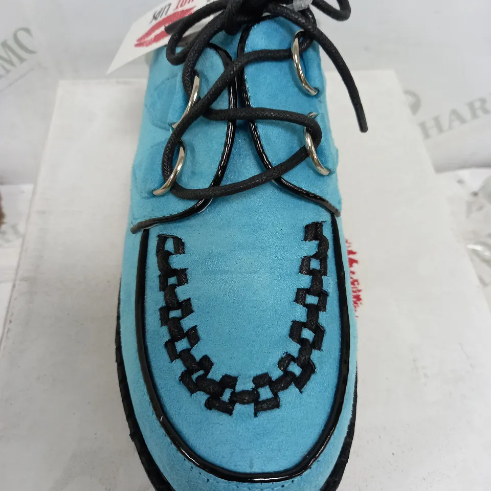 BOXED PAIR OF LIGHT BLUE BLACK PRINT WEDGED SHOES SIZE 4