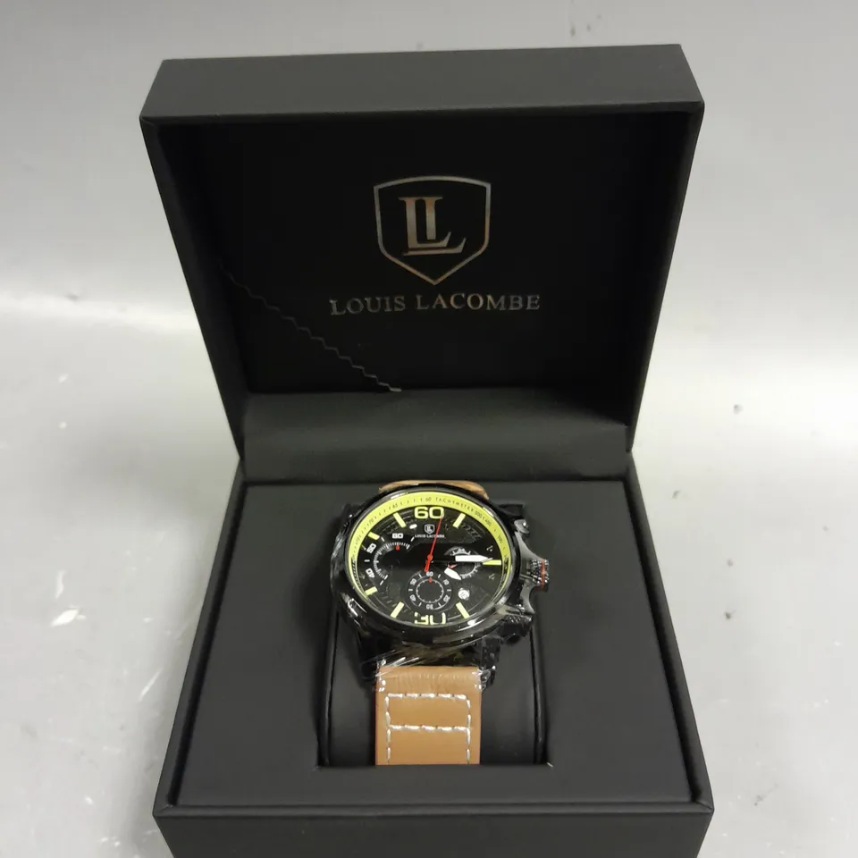 MENS LOUIS LACOMBE CHRONGRAPH WATCH – 3 SUB DIALS – BLACK CASE – LEATHER STRAP