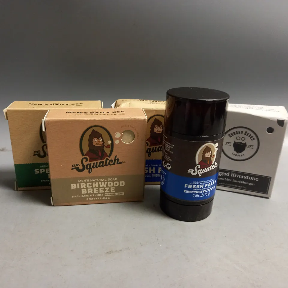 5 ASSORTED HEALTH AND BEAUTY PRODUCTS TO INCLUDE DR SQUATCH MEN'S NATURAL SOAP, DR SQUATCH MEN'S NATURAL DEODORANT, RUGGED BEARD COMPANY CHARCOAL MINT BEARD SHAMPOO 