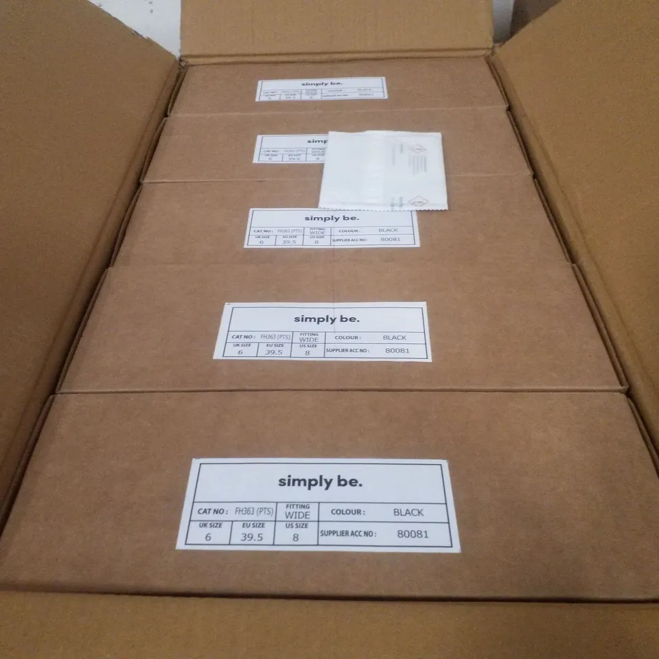 BOX CONTAINING APPROXIMATELY 5 PAIRS OF BRAND NEW SIMPLY BE BLACK BREENER WIDE LEATHER BOOTS - SIZE 6