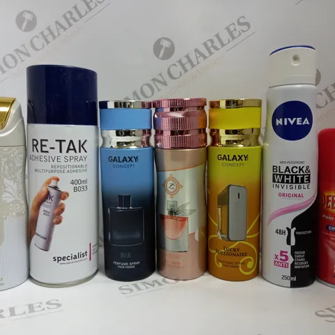 BOX OF APPROX 12 ASSORTED AEROSOLS TO INCLUDE RE-TAK ADHESIVE SPRAY, NIVEA DEODORANT, DEEP HEAT RELIEF SPRAY, ETC