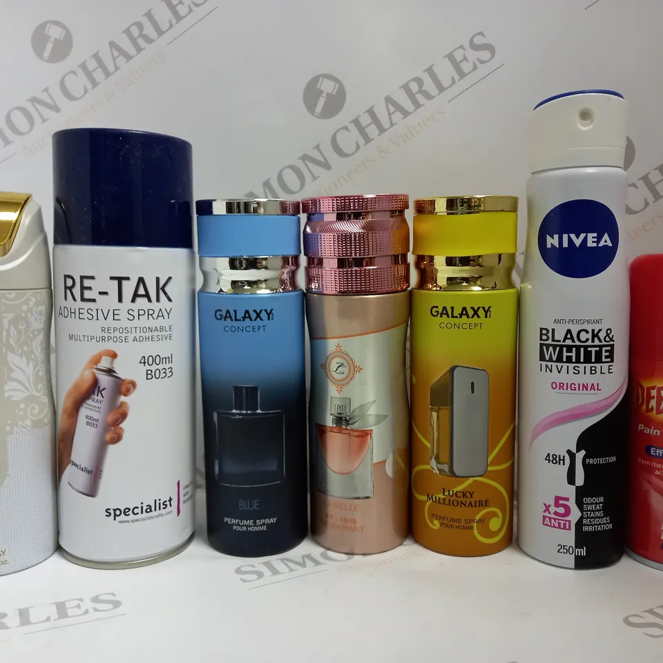 BOX OF APPROX 12 ASSORTED AEROSOLS TO INCLUDE RE-TAK ADHESIVE SPRAY, NIVEA DEODORANT, DEEP HEAT RELIEF SPRAY, ETC