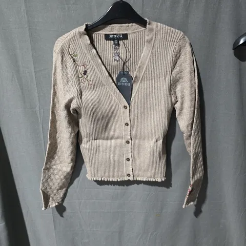 DISTURBIA WOMEN'S KNIT CARDIGAN WITH EMBROIDERED FLORAL DETAILS – BEIGE TAUPE, SIZE S