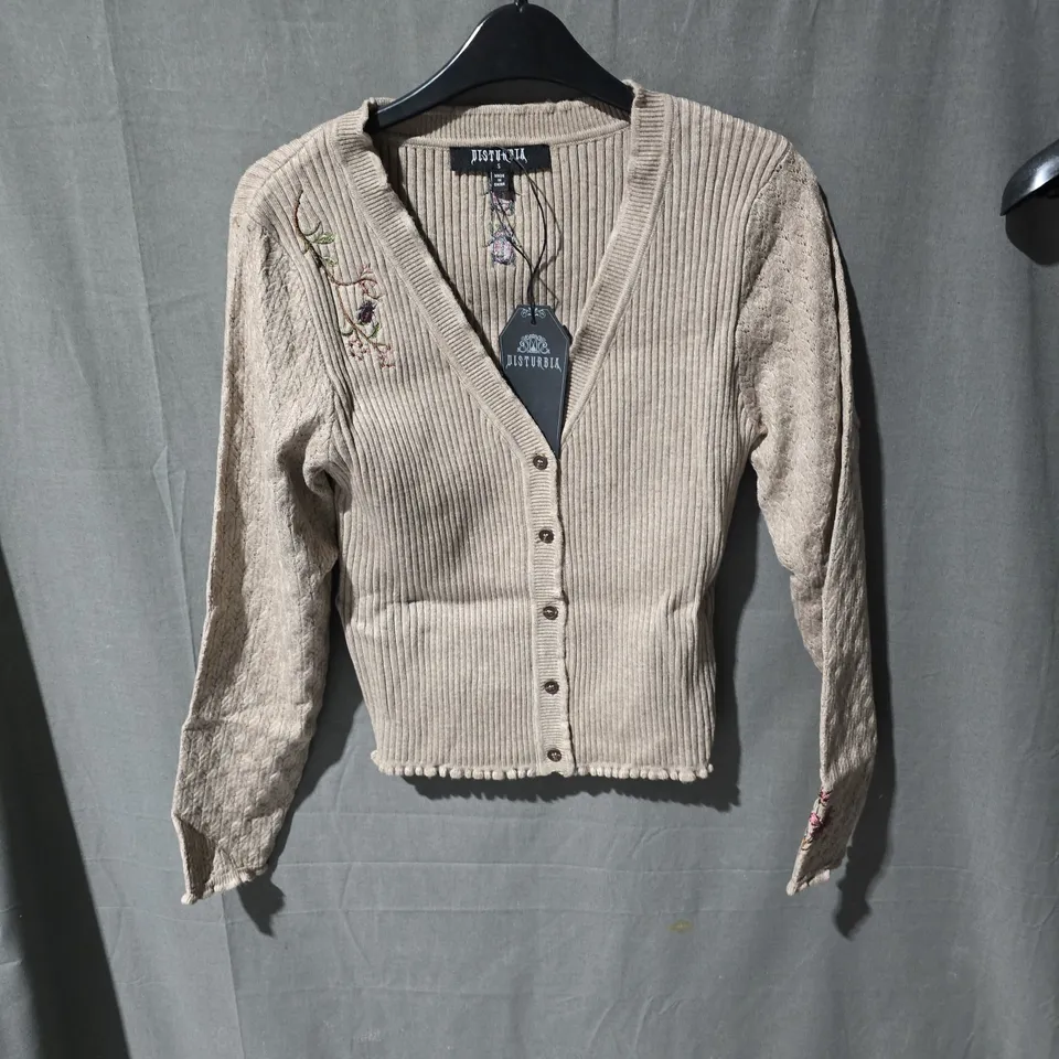 DISTURBIA WOMEN'S KNIT CARDIGAN WITH EMBROIDERED FLORAL DETAILS – BEIGE TAUPE, SIZE S