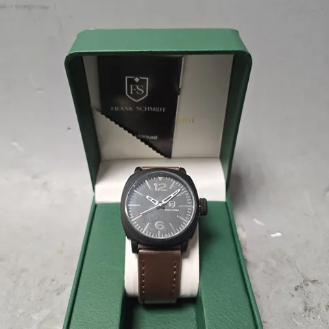 FRANK SCHMIDT WATCH – LARGE BLACK CASE – BLACK PILOT DIAL 3ATM WATER RESISTANT – GIFT BOX INCLUDED