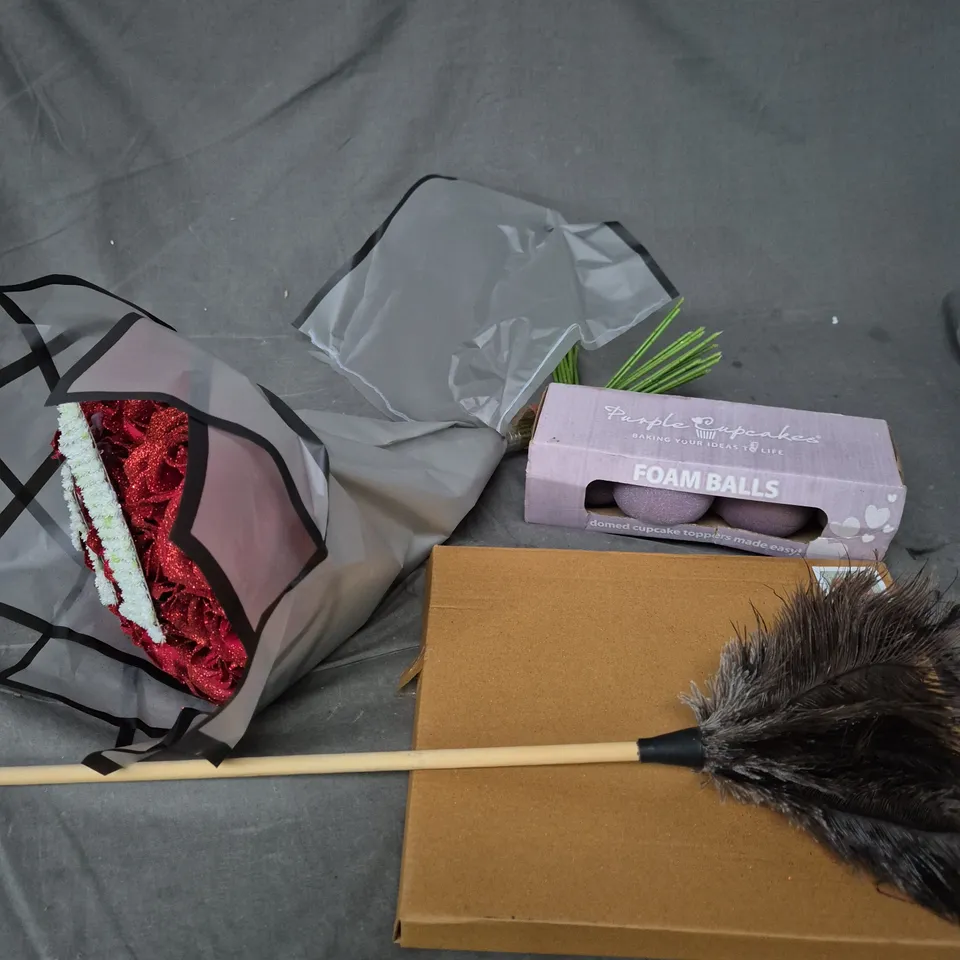 APPROXIMATELY 20 ASSORTED HOUSEHOLD PRODUCTS TO INCLUDE FAUX FLOWERS, FOAM BALLS, HOME DECOR ETC 