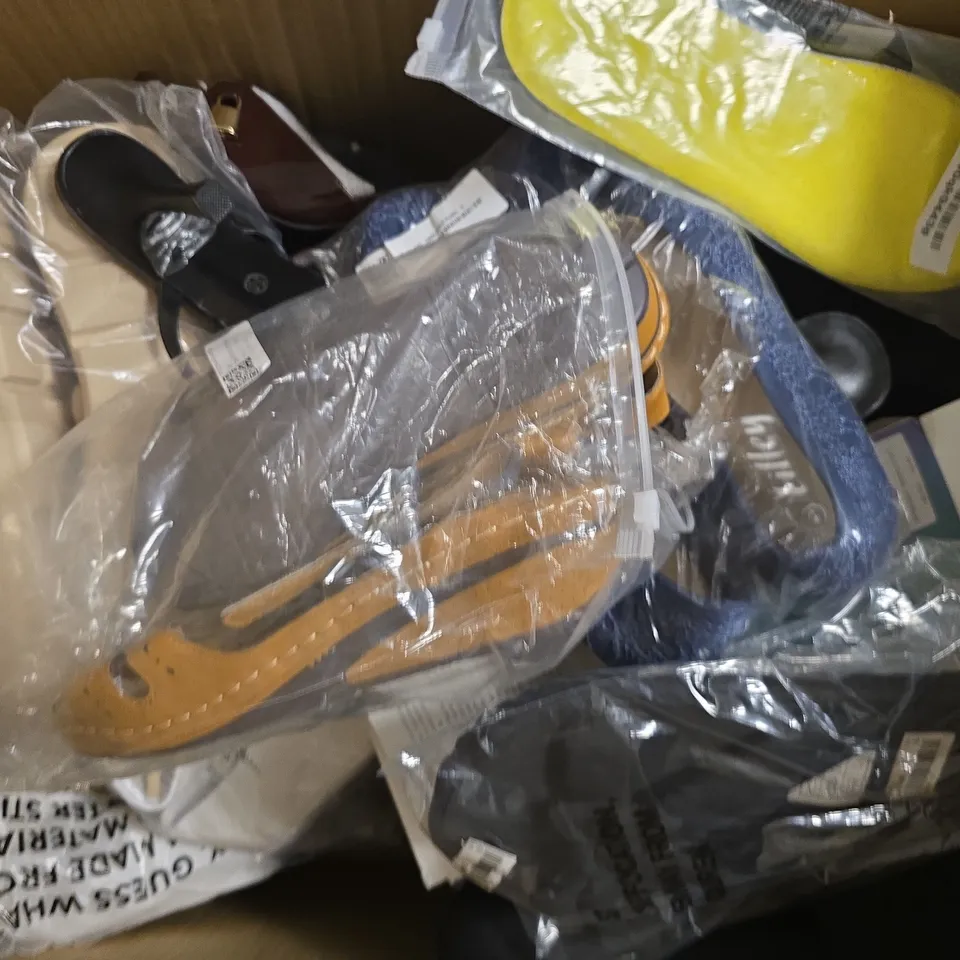 BOX OF APPROXIMATELY 15 ASSORTED PAIRS OF SHOES AND FOOTWEAR ITEMS IN VARIOUS COLOURS, STYLES, AND SIZES - COLLECTION ONLY
