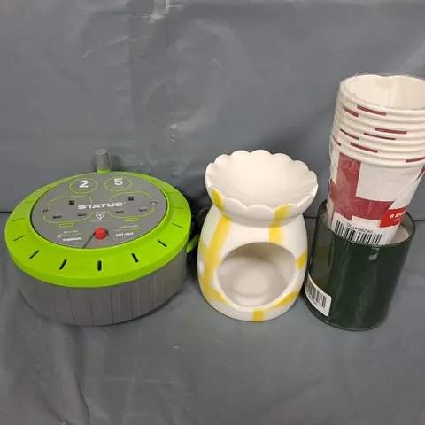 LARGE BOX OF APPROXIMATELY 5 ASSORTED ITEMS TO INCLUDE WAX MELTER, CANDLES AND EXTENSION LEAD