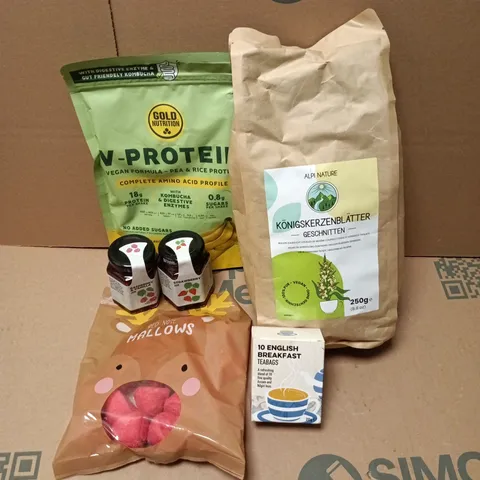 APPROXIMATELY 9 ASSORTED FOOD & DRINK ITEMS TO INCLUDE RED NOSE MALLOWS, V-PROTEIN, STRAWBERRY JAM, ETC - COLLECTION ONLY