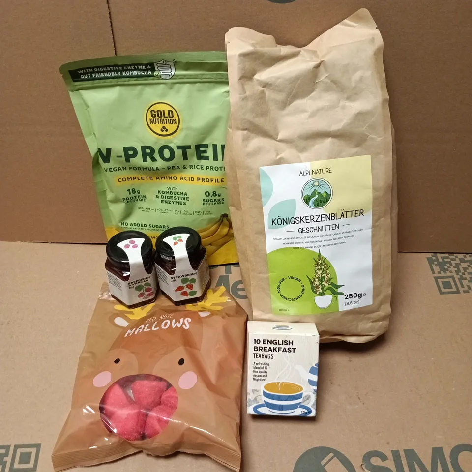 APPROXIMATELY 9 ASSORTED FOOD & DRINK ITEMS TO INCLUDE RED NOSE MALLOWS, V-PROTEIN, STRAWBERRY JAM, ETC - COLLECTION ONLY