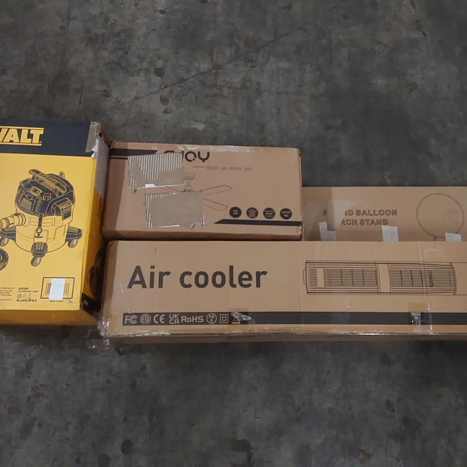 PALLET OF ASSORTED ITEMS INCLUDING DEWALT VACUUM, AIR COOLER, ROUND BALLOON ARCH STAND, LED CEILING FAN