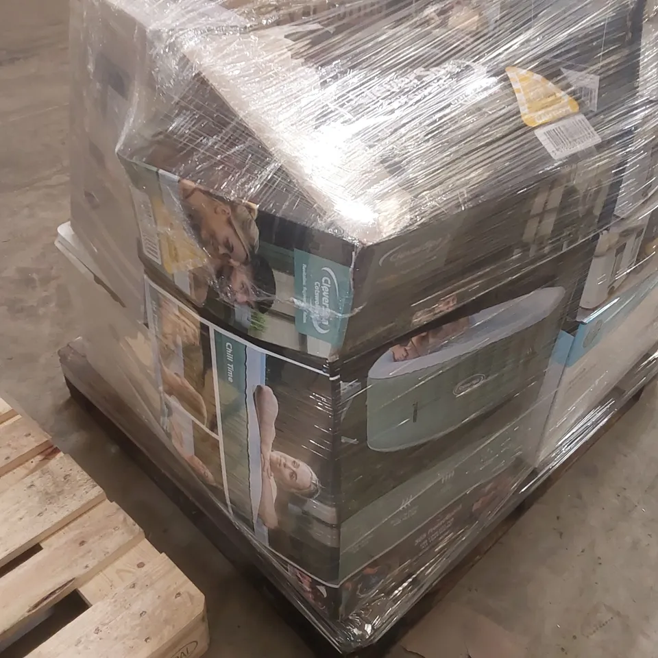 PALLET CONTAINING A VERY LARGE QUANTITY OF ASSORTED ITEMS INCLUDING: TOASTERS, HP OFFICEJET PRO PRINTER, CLEVERSPA HOT TUB, SONY CYBERSHOT CAMERA, OFFICE TELEPHONES ECT