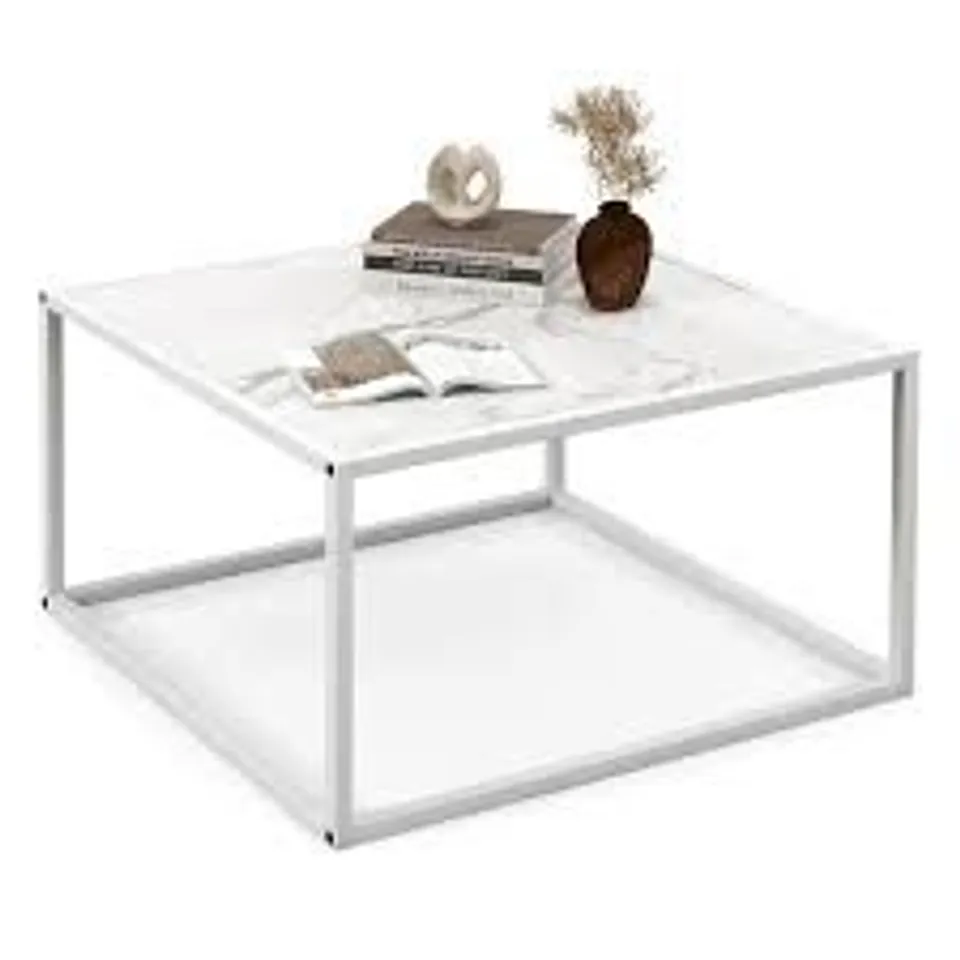 BOXED COSTWAY FAUX MARBLE COFFEE TABLE, MODERN 2-TIER CENTER TABLE WITH WIDE TABLETOP & OPEN STORAGE SHELF, GOLD FRAME OVAL COCKTAIL TABLE FOR LIVING ROOM BEDROOM