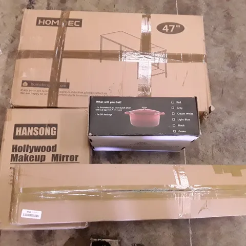 PALLET OF ASSORTED PRODUCTS INCLUDING HOMIDEC DESK, CAST IRON DUTCH OVEN, HOLLYWOOD MAKEUP MIRROR, CHRISTMAS TREE, OSBY STAR ILLUMINATED DECORATION