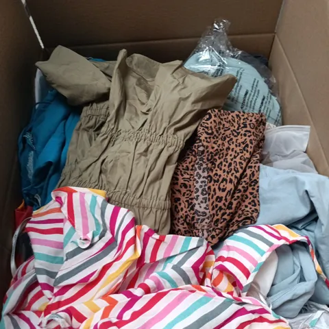 BOX OF APPROXIMATELY 25 ASSORTED CLOTHING ITEMS IN VARIOUS STYLES , COLOURS AND SIZES 