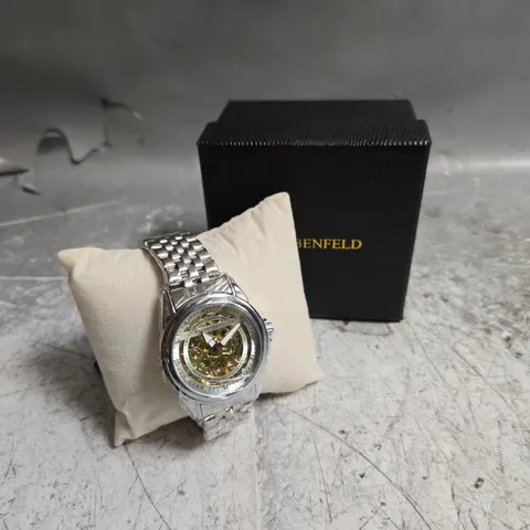 BOXED GLOBENFIELD EXHIBITION DIAL GENTS WATCH WITH SKELETON BACK CASE AND METAL STRAP