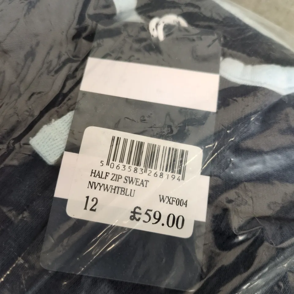 CREW CLOTHING COMPANY HALF ZIP SWEATSHIRT – NAVY WITH WHITE & LIGHT BLUE STRIPE, UK 12