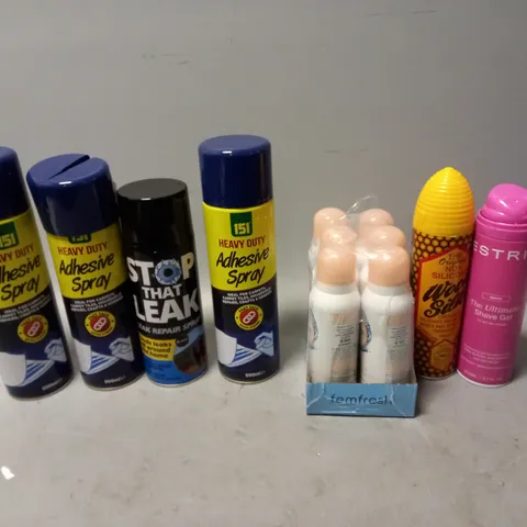 APPROXIMATELY 15 ASSORTED AEROSOLS TO INCLUDE FEMFRESH, ESTRID SHAVE GEL, AND ADHESIVE SPRAY ETC. 