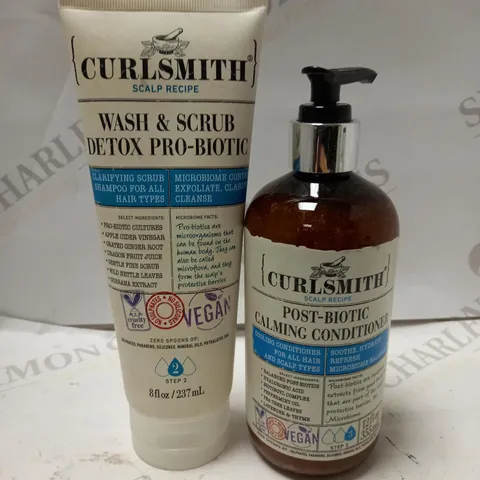 LOT OF 2 CURLSMITH SCALP RECIPE PRODUCTS TO INCLUDE WASH & SCRUB DETOX PRO-BIOTIC SHAMPOO 237ML & POST-BIOTIC CALMING CONDITIONER 355ML