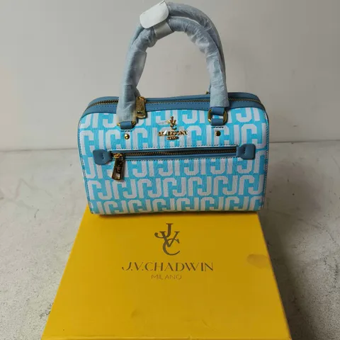 J.V. CHADWIN MILANO HANDBAG – BLUE MONOGRAM PATTERN WITH GOLD HARDWARE