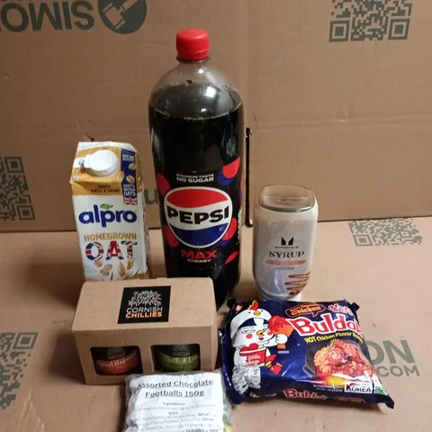 APPROXIMATELY 15 ASSORTED FOOD AND DRINK ITEMS TO INCLUDE - MYPROTEIN MAPLE SYRUP, PEPSI MAX AND BULDAK HOT CHICKEN NOODLES