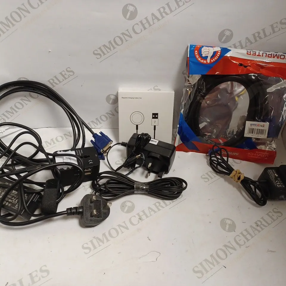 BOX OF APPROX 15 ITEMS INCLUDING ASSORTED CABLES AND CHARGERS FOR VARIOUS ITEMS