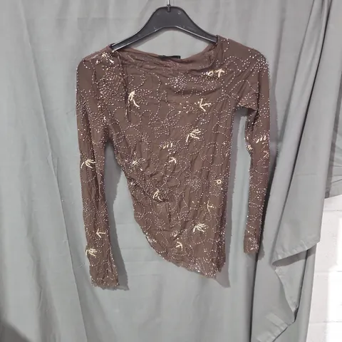 ZARA BROWN SEQUIN-EMBELLISHED TOP – SIZE S