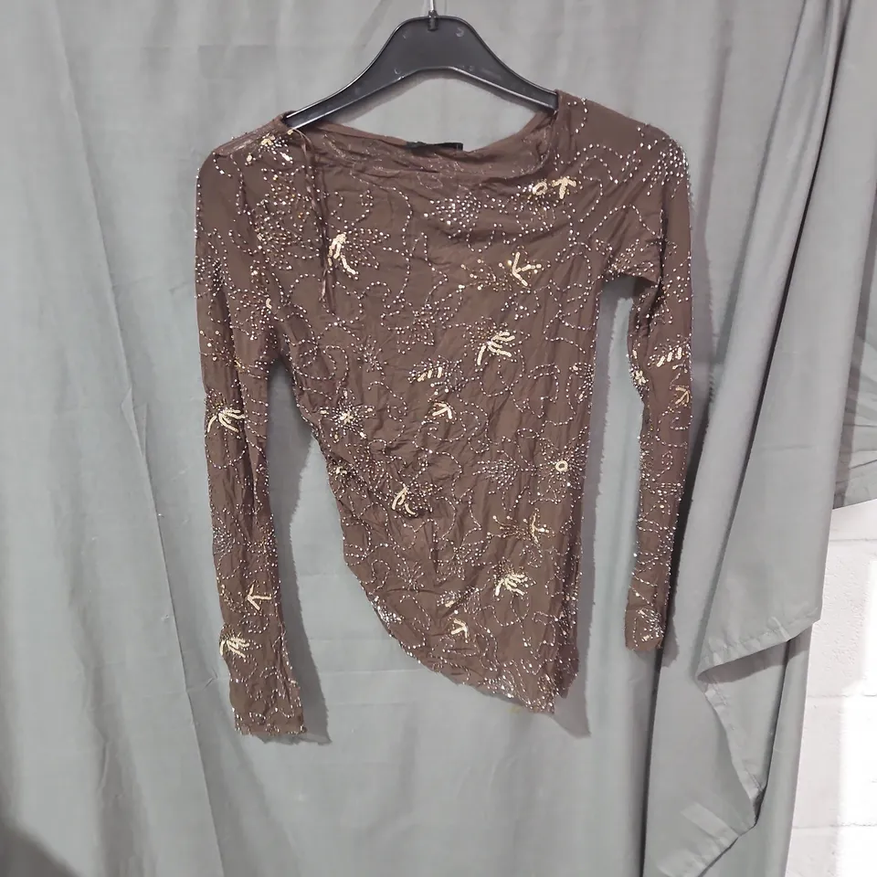 ZARA BROWN SEQUIN-EMBELLISHED TOP – SIZE S