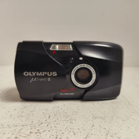 OLYMPUS MJU-II 35MM FILM CAMERA – BLACK COMPACT WITH BUILT‑IN FLASH
