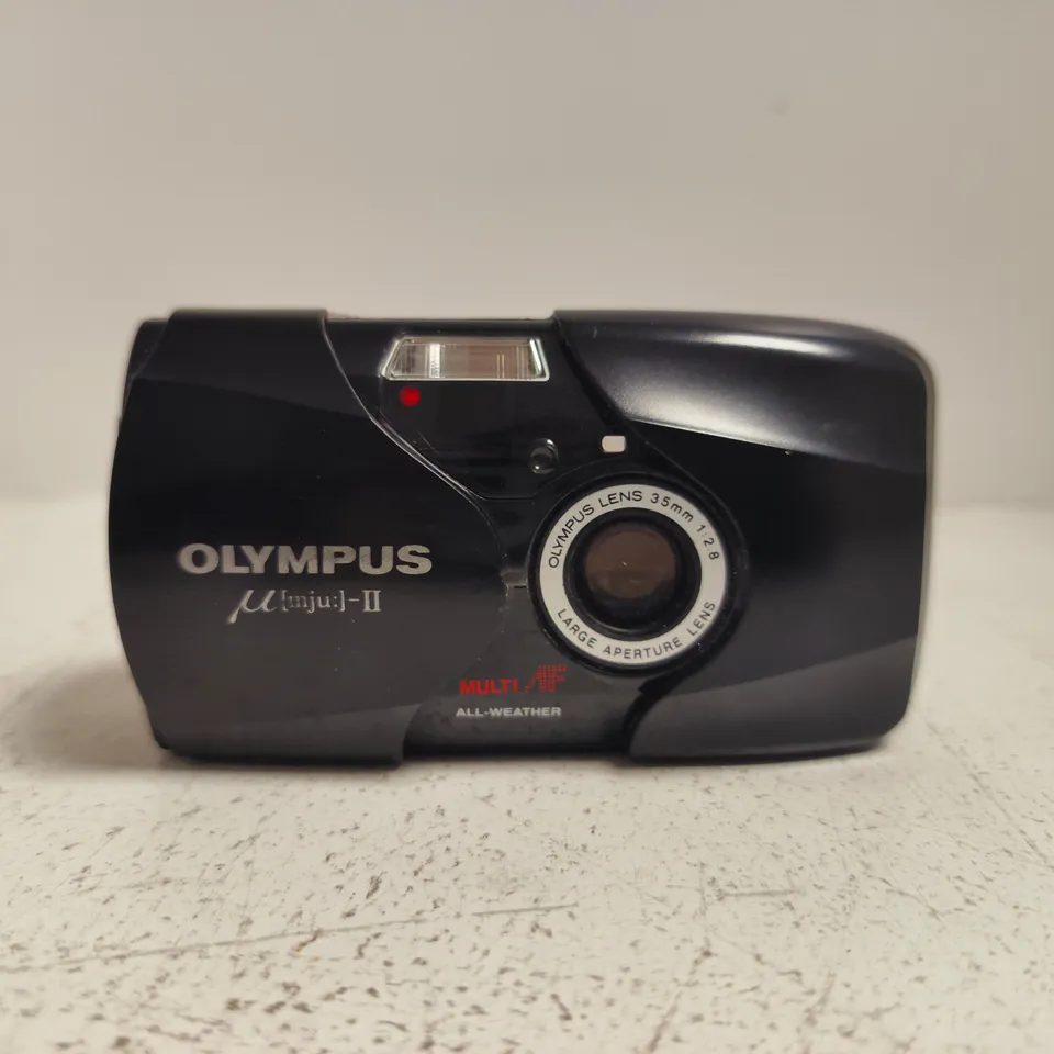 OLYMPUS MJU-II 35MM FILM CAMERA – BLACK COMPACT WITH BUILT‑IN FLASH