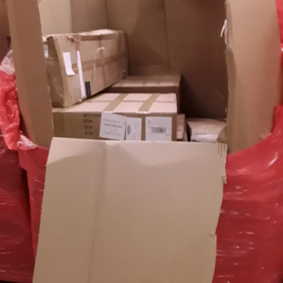 PALLET OF ASSORTED HOUSEHOLD ITEMS TO INCLUDE ELECTRIC FRYER, WALL SHELVES, TRASH CAN AND TELESCOPE