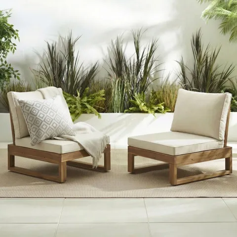 BOXED SET OF 2 BRISA NATURAL WOOD AND CREAM GARDEN CHAIRS