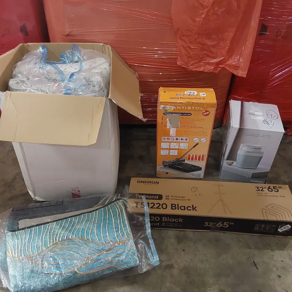 PALLET OF ASSORTED ITEMS INCLUDING: 9" VINYL FLOOR CUTTER, ICED DESERT MAKER, TV STAND, RUGS ECT