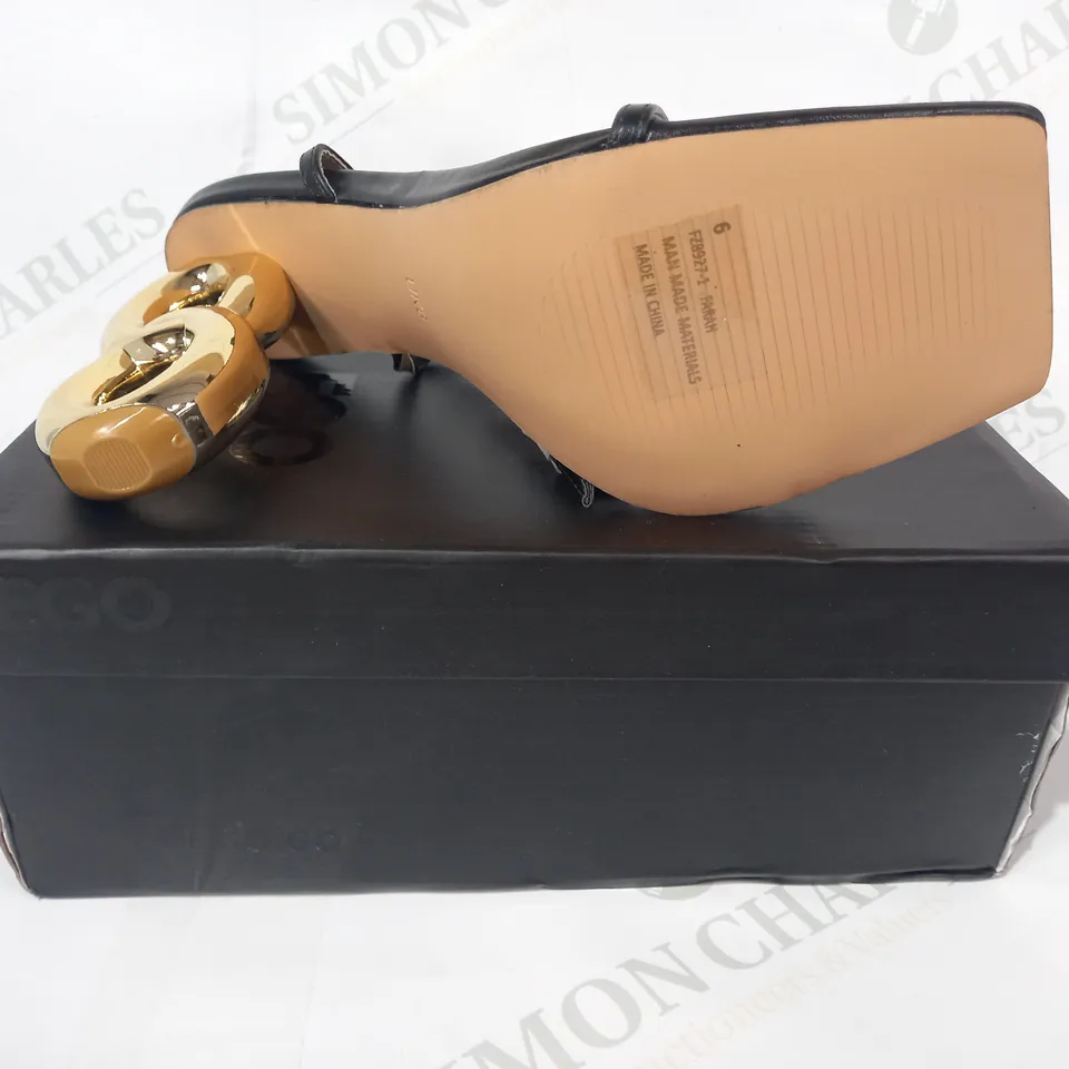 BOXED PAIR OF EGO FARAH OPEN TOE HIGH HEELS IN BLACK/GOLD EFFECT UK SIZE 6