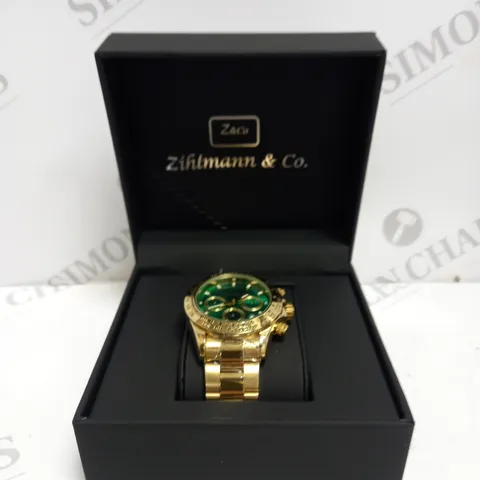 MENS ZIHLMANN & CO Z400 WATCH – CHRONOGRAPH MOVEMENT – GOLD COLOUR STAINLESS STEEL STRAP – GREEN DIAL – 3ATM WATER RESISTANT