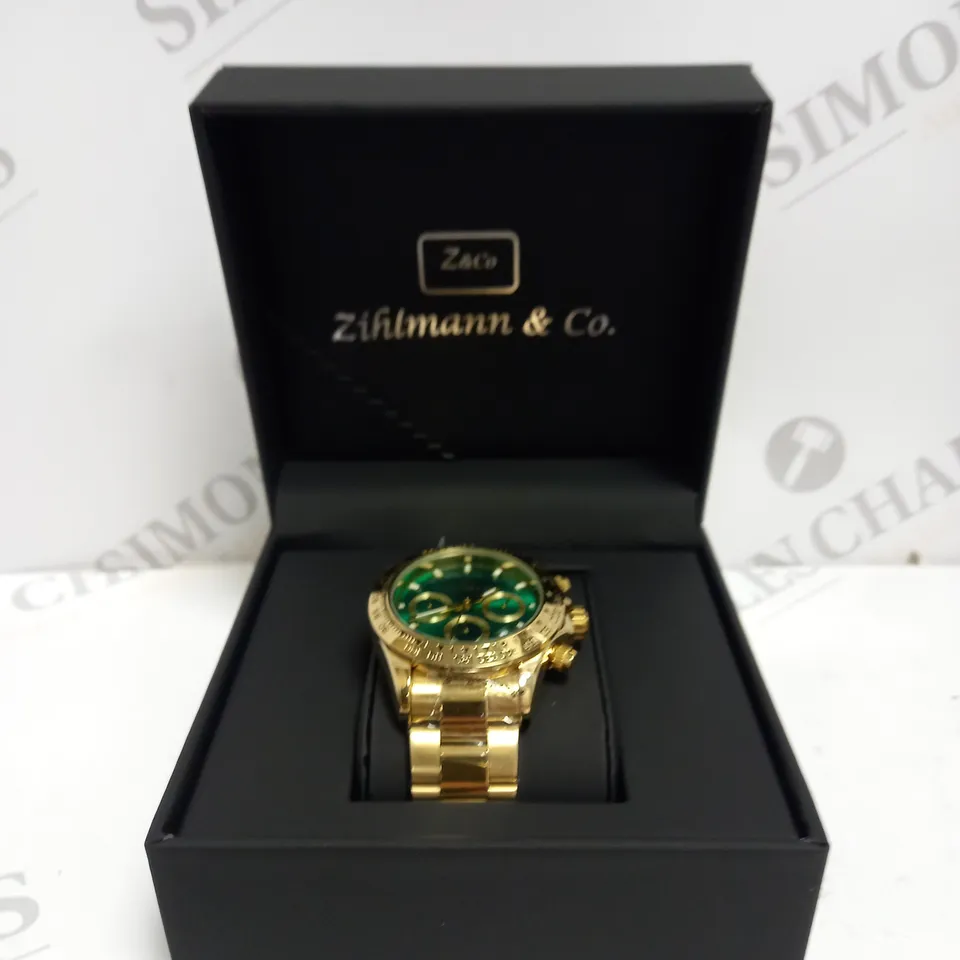 MENS ZIHLMANN & CO Z400 WATCH – CHRONOGRAPH MOVEMENT – GOLD COLOUR STAINLESS STEEL STRAP – GREEN DIAL – 3ATM WATER RESISTANT