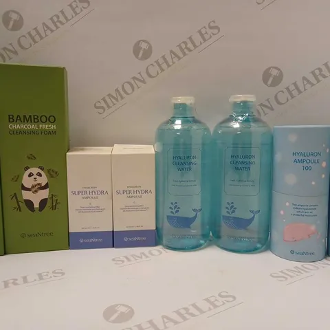 LOT OF APPROX 8 ASSORTED SEANTREE PRODUCTS TO INCLUDE BAMBOO CHARCOAL FRESH CLEANSING FOAM, HYALURON CLEANSING WATER, HYALURON AMPOULE 100, ETC