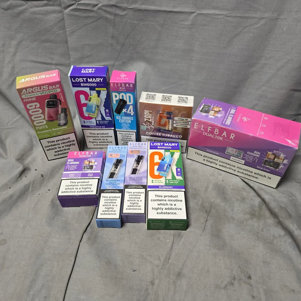 APPROXIMATELY 20 ASSORTED E-CIGARETTE PRODUCTS TO INCLUDE BRANDS SUCH AS ELFBAR, ARGUS, LOST MARY, ETC - COLLECTION ONLY
